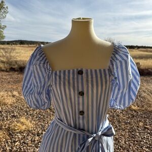 J. Crew Blue and White Striped Button Down Puff Sleeve Dress